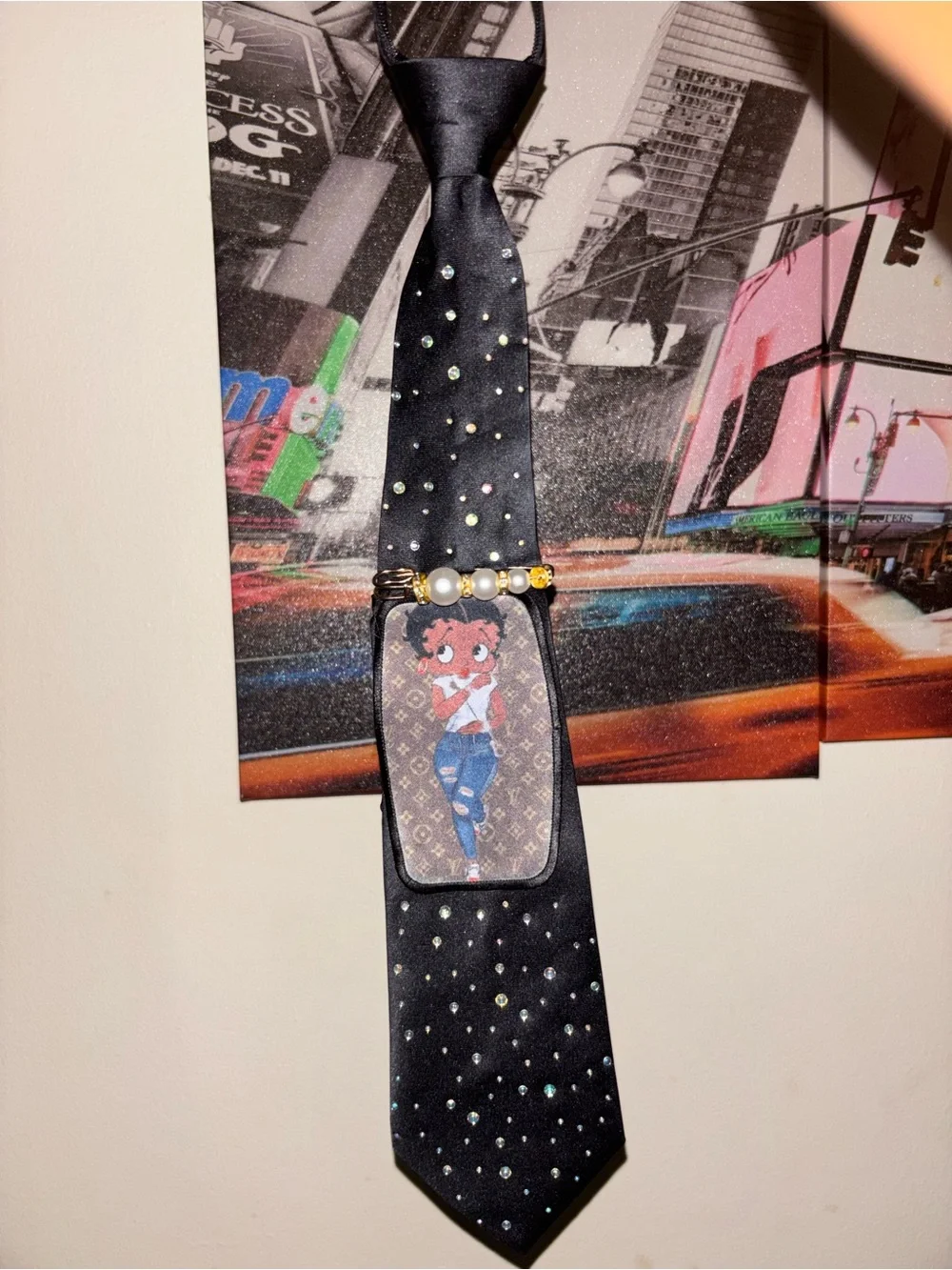 Black Embellished Satin Tie Necklace with Betty Boop Panel